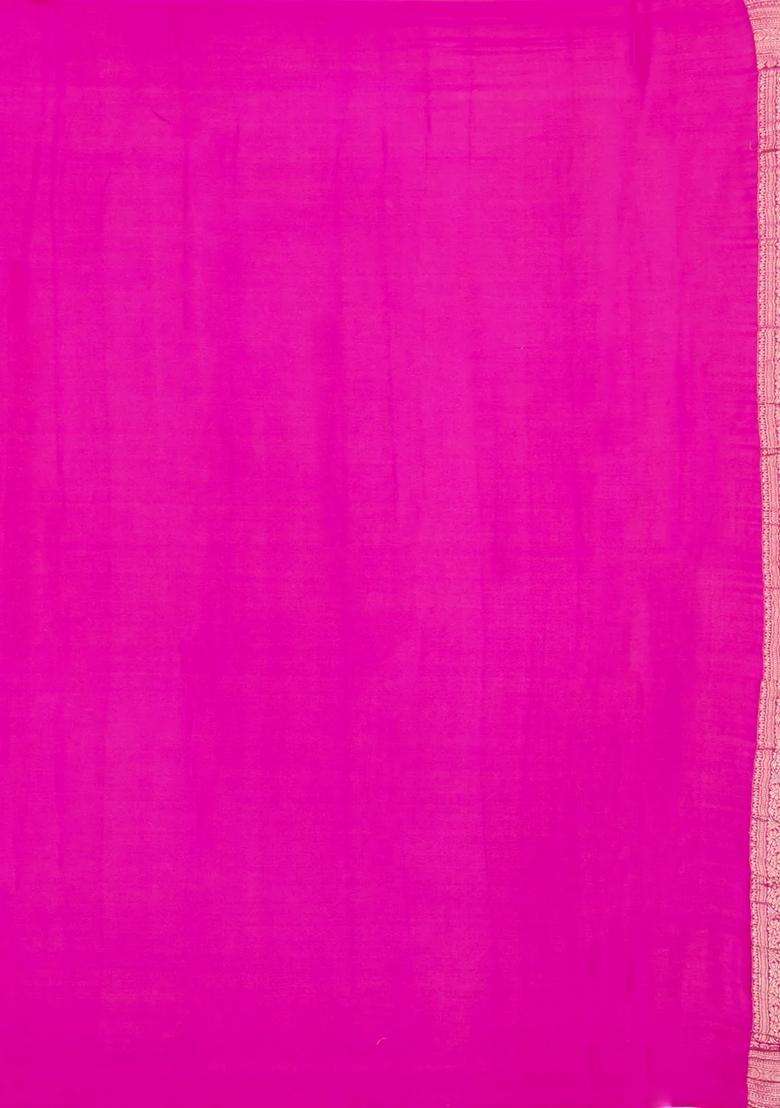 Hot Pink Woven Mysore Silk Crepe Saree With Floral Vine Motifs With Buttas And Brocade Design For Women - Indya