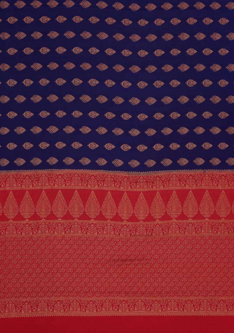 Dark Blue Woven Mysore Silk Crepe Saree With Floral Motifs With Buttas And Brocade Design For Women - Indya