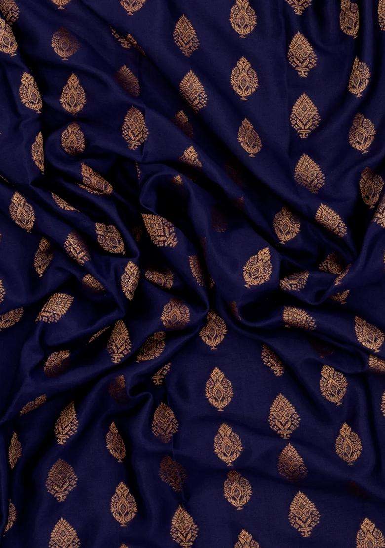 Dark Blue Woven Mysore Silk Crepe Saree With Floral Motifs With Buttas And Brocade Design For Women - Indya