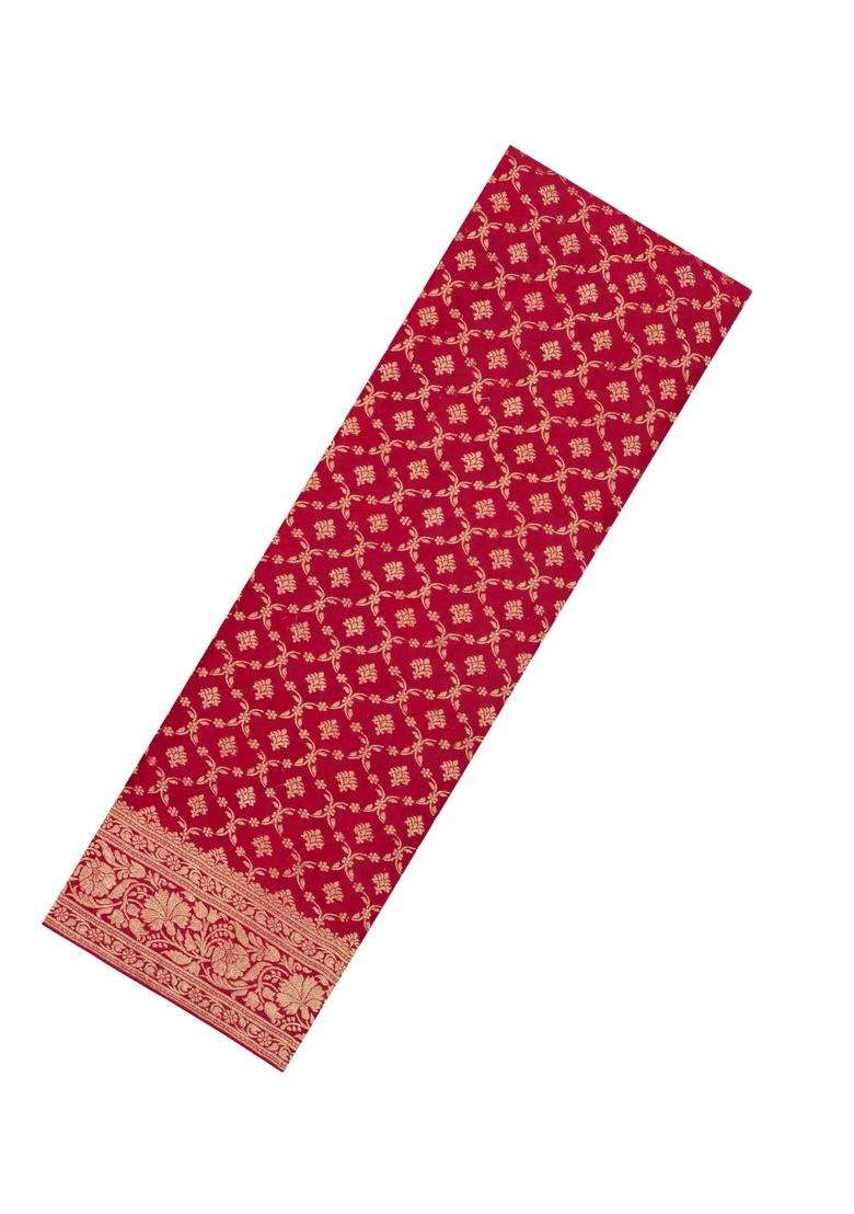 Red Woven Mysore Silk Crepe Saree With Floral Jaal Motifs With Buttas And Brocade Design For Women - Indya