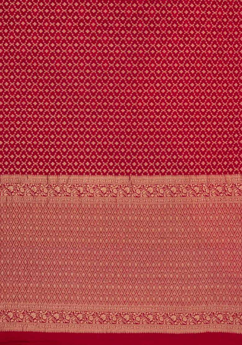 Red Woven Mysore Silk Crepe Saree With Floral Jaal Motifs With Buttas And Brocade Design For Women - Indya