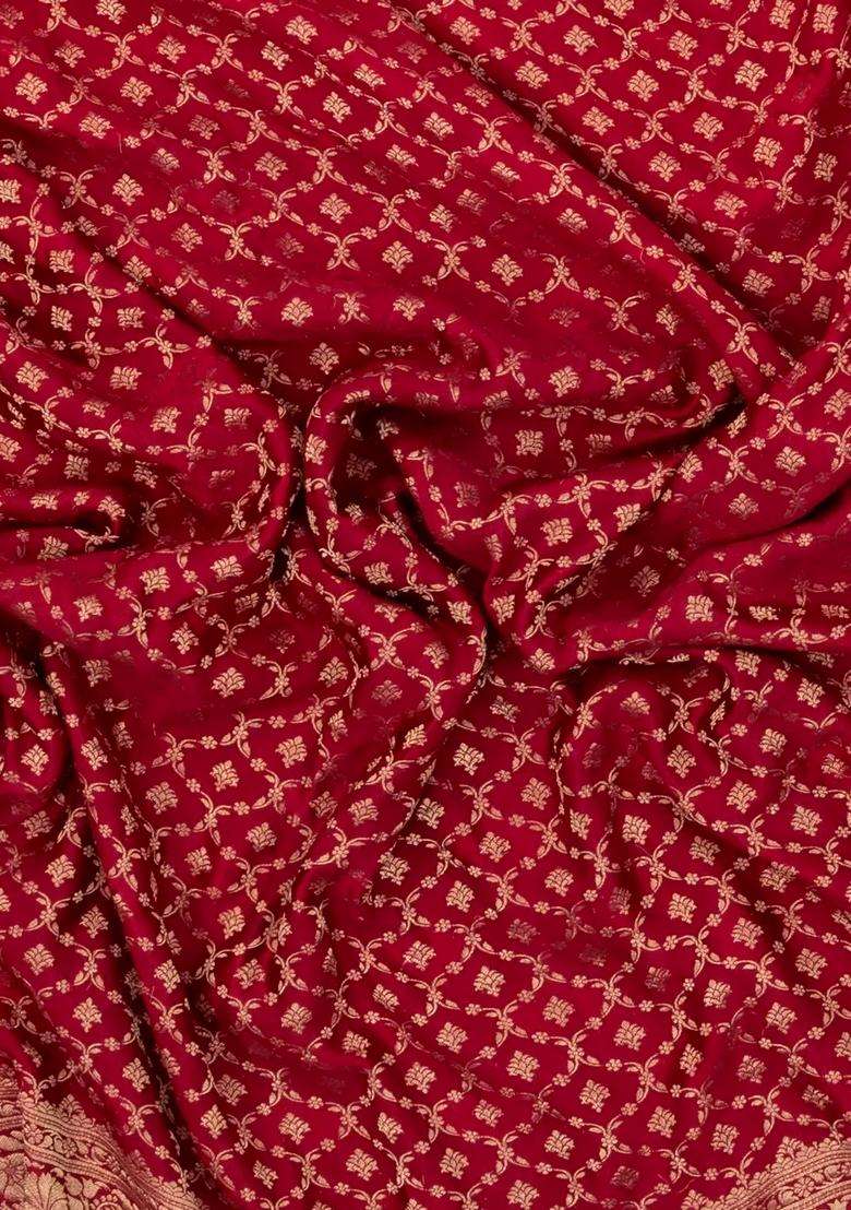 Red Woven Mysore Silk Crepe Saree With Floral Jaal Motifs With Buttas And Brocade Design For Women - Indya