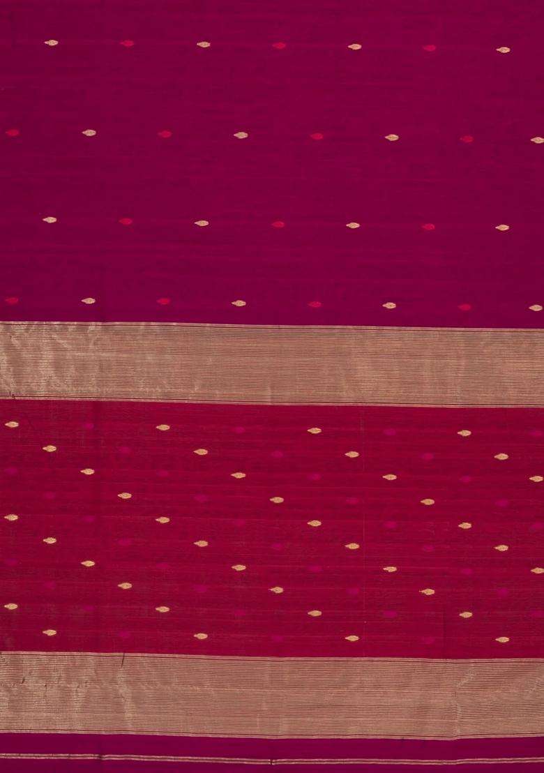 Magenta Handloom Maheswari Silk Cotton Saree With Buttas With Buttas And Brocade Design For Women - Indya