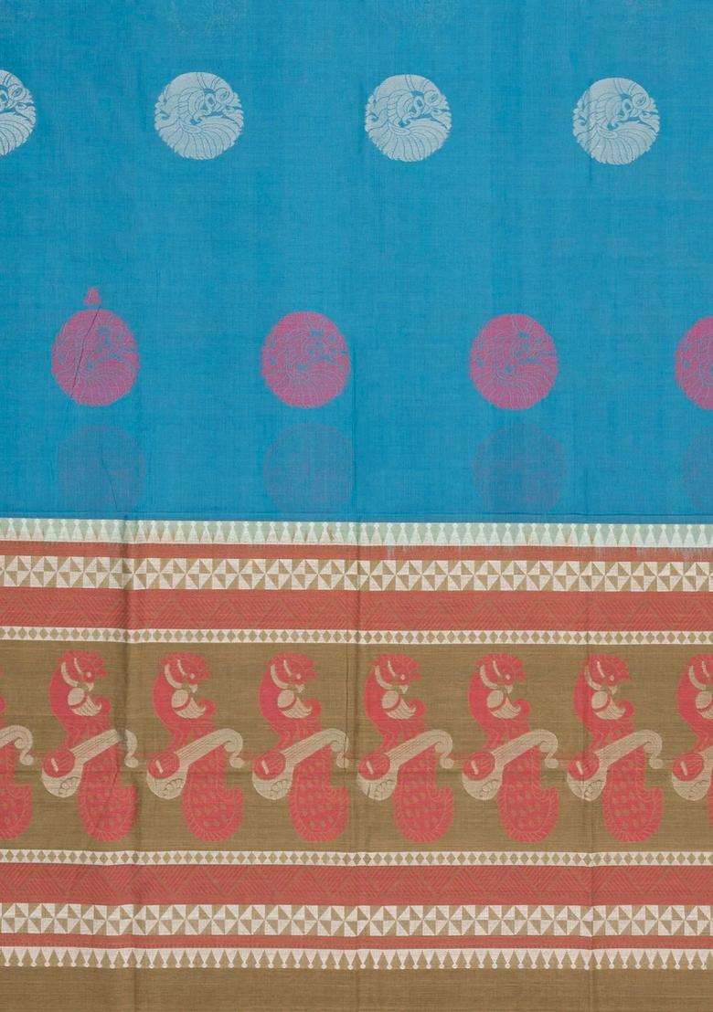 Sky Blue Handloom Village Cotton Saree With Buttas With Buttas And Brocade Design For Women - Indya