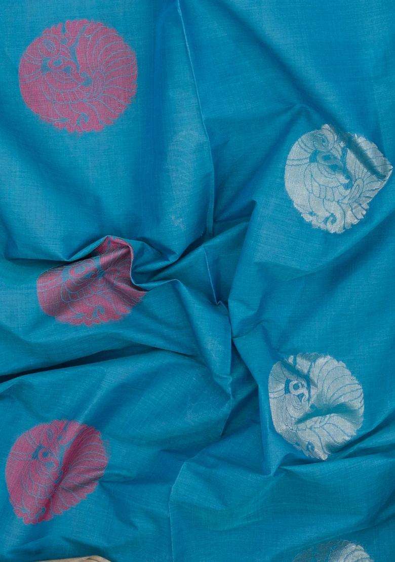 Sky Blue Handloom Village Cotton Saree With Buttas With Buttas And Brocade Design For Women - Indya