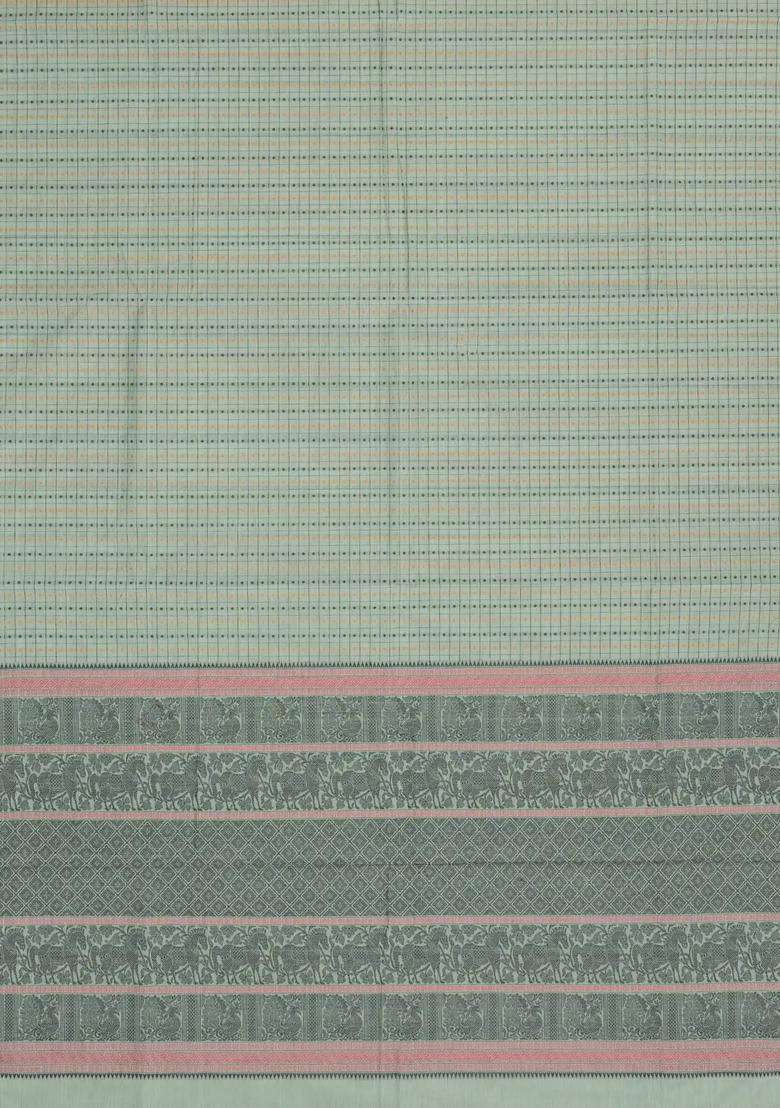 Shadow Green Handloom Village Cotton Saree With Checks Buttas With Buttas And Brocade Design For Women - Indya