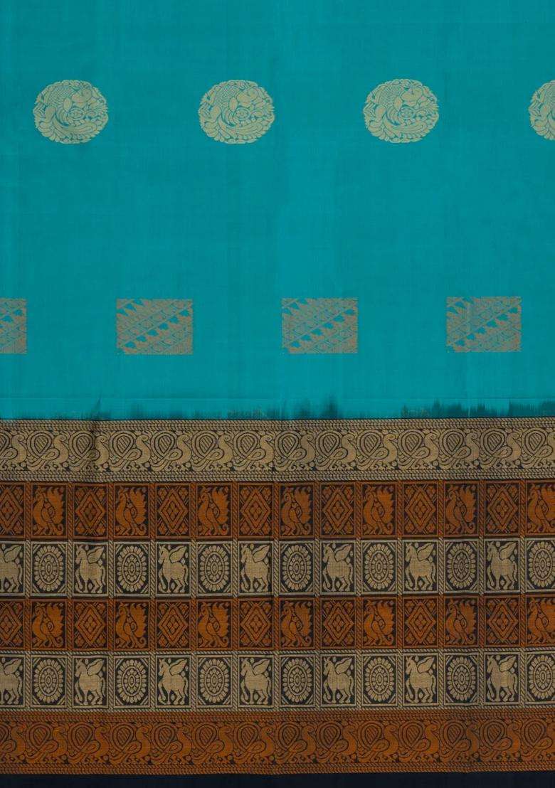 Turquoise Handloom Village Cotton Saree With Buttas With Buttas And Brocade Design For Women - Indya