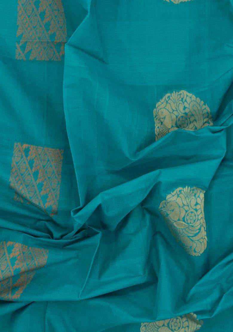 Turquoise Handloom Village Cotton Saree With Buttas With Buttas And Brocade Design For Women - Indya