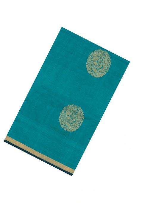 Turquoise Handloom Village Cotton Saree With Buttas With Buttas And Brocade Design For Women