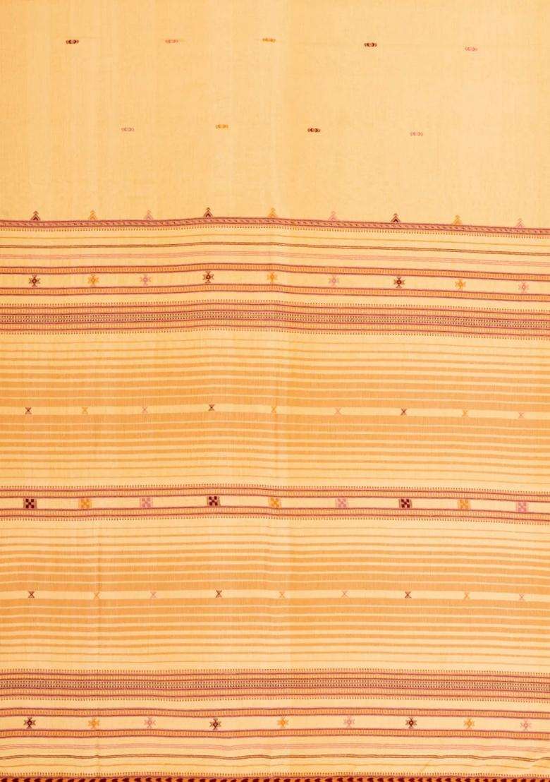 Sandal Handloom Chanderi Cotton Saree With Bhujodi Pallu With Checks And Stripes Design For Women - Indya