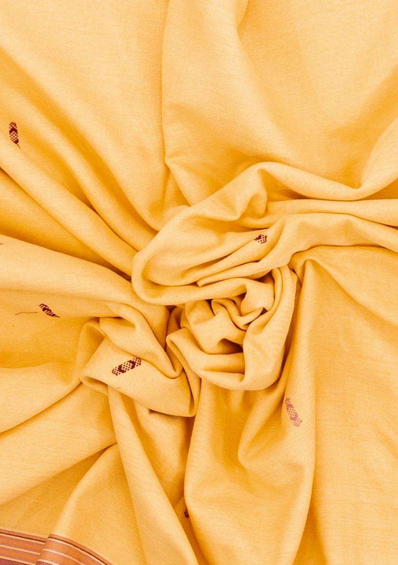 Sandal Handloom Chanderi Cotton Saree With Bhujodi Pallu With Checks And Stripes Design For Women - Indya