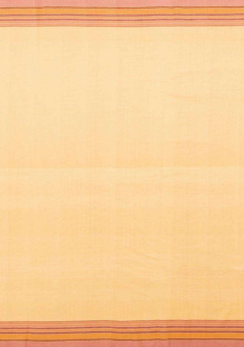 Sandal Handloom Chanderi Cotton Saree With Bhujodi Pallu With Checks And Stripes Design For Women - Indya