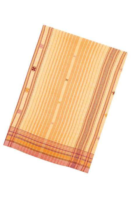 Sandal Handloom Chanderi Cotton Saree With Bhujodi Pallu With Checks And Stripes Design For Women
