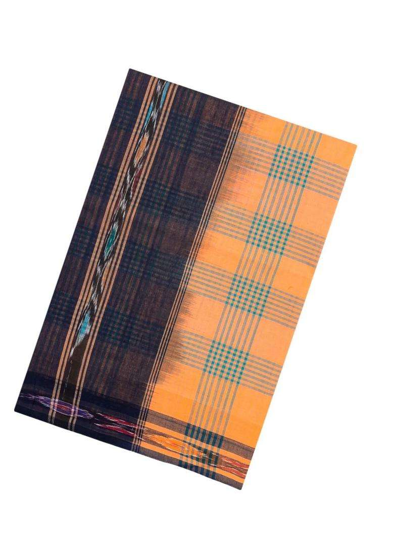 Peach Woven Kadappa Cotton Saree With Checks With Checks And Stripes Design For Women - Indya
