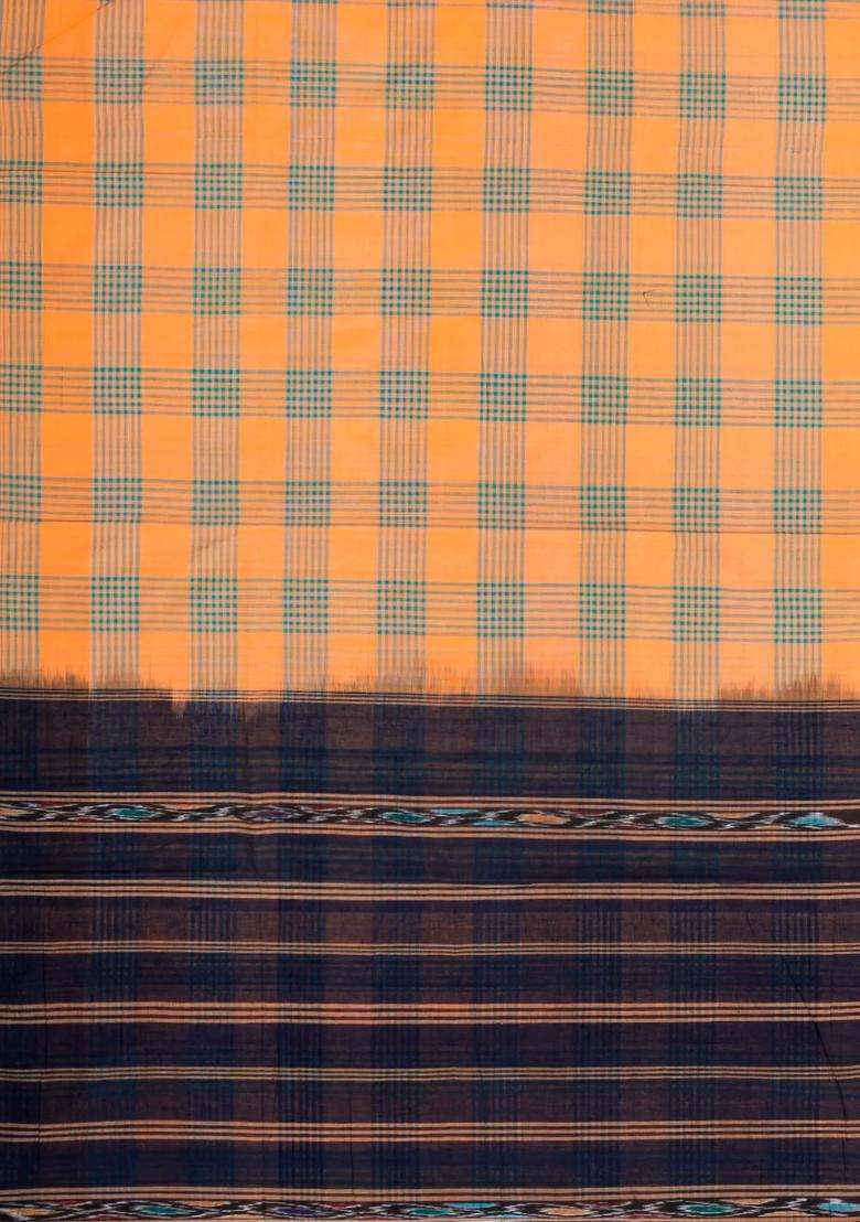 Peach Woven Kadappa Cotton Saree With Checks With Checks And Stripes Design For Women - Indya