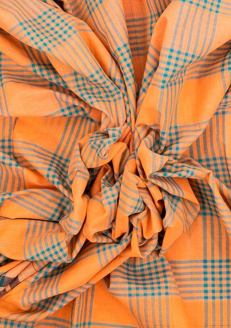 Peach Woven Kadappa Cotton Saree With Checks With Checks And Stripes Design For Women - Indya