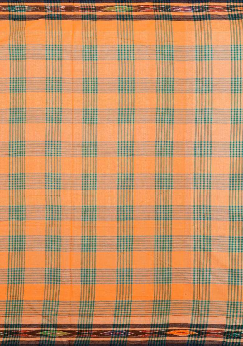 Peach Woven Kadappa Cotton Saree With Checks With Checks And Stripes Design For Women - Indya