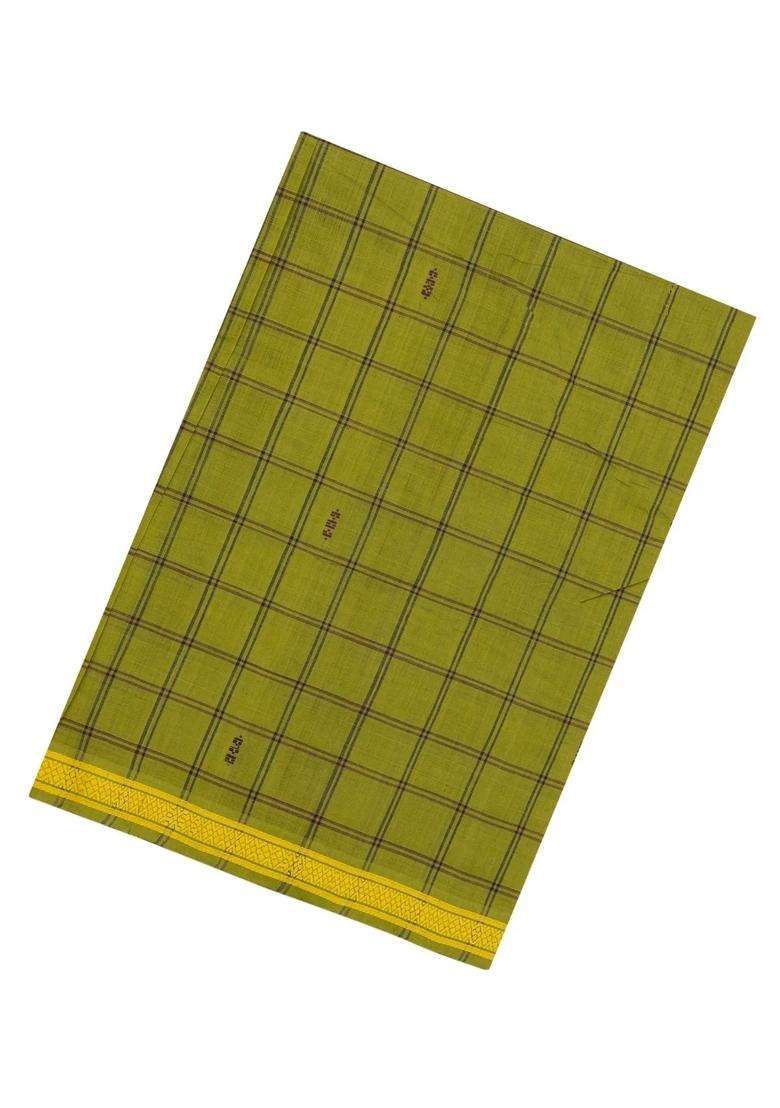 Leafy Green Woven Kadappa Cotton Saree With Checks With Checks And Stripes Design For Women - Indya