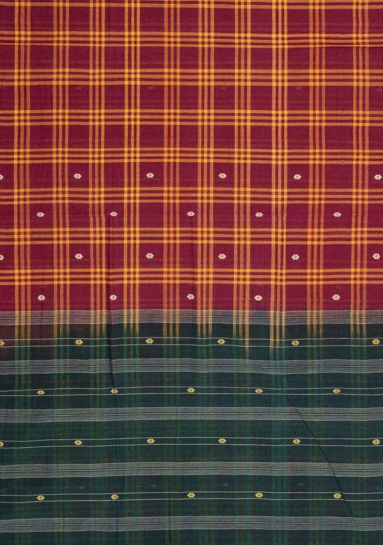 Crimson Woven Kadappa Cotton Saree With Checks With Checks And Stripes Design For Women - Indya
