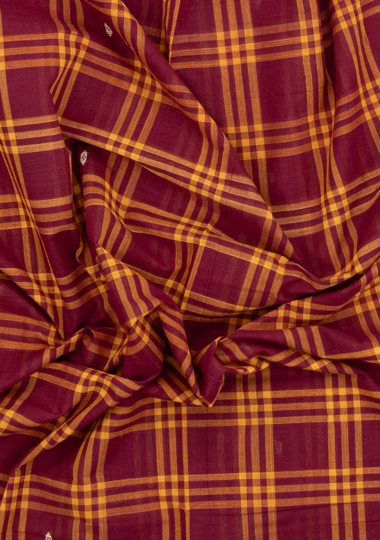 Crimson Woven Kadappa Cotton Saree With Checks With Checks And Stripes Design For Women - Indya