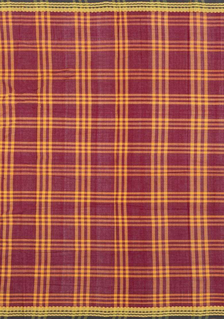 Crimson Woven Kadappa Cotton Saree With Checks With Checks And Stripes Design For Women - Indya