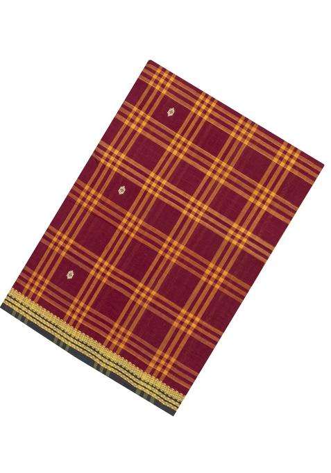 Crimson Woven Kadappa Cotton Saree With Checks With Checks And Stripes Design For Women
