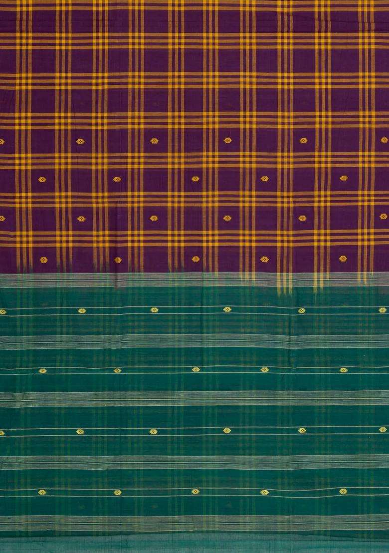 Magenta Woven Kadappa Cotton Saree With Checks With Checks And Stripes Design For Women - Indya