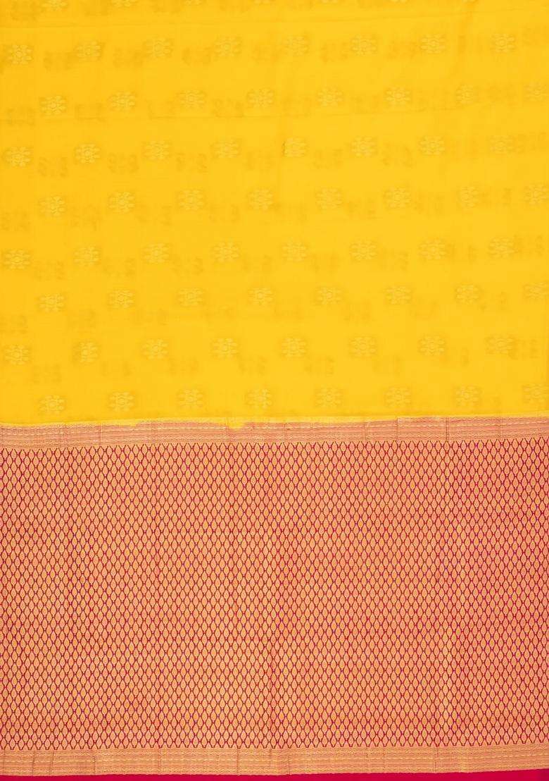 Yellow Woven Mysore Silk Crepe Saree With Buttas Contrast Border With Buttas And Brocade Design For Women - Indya