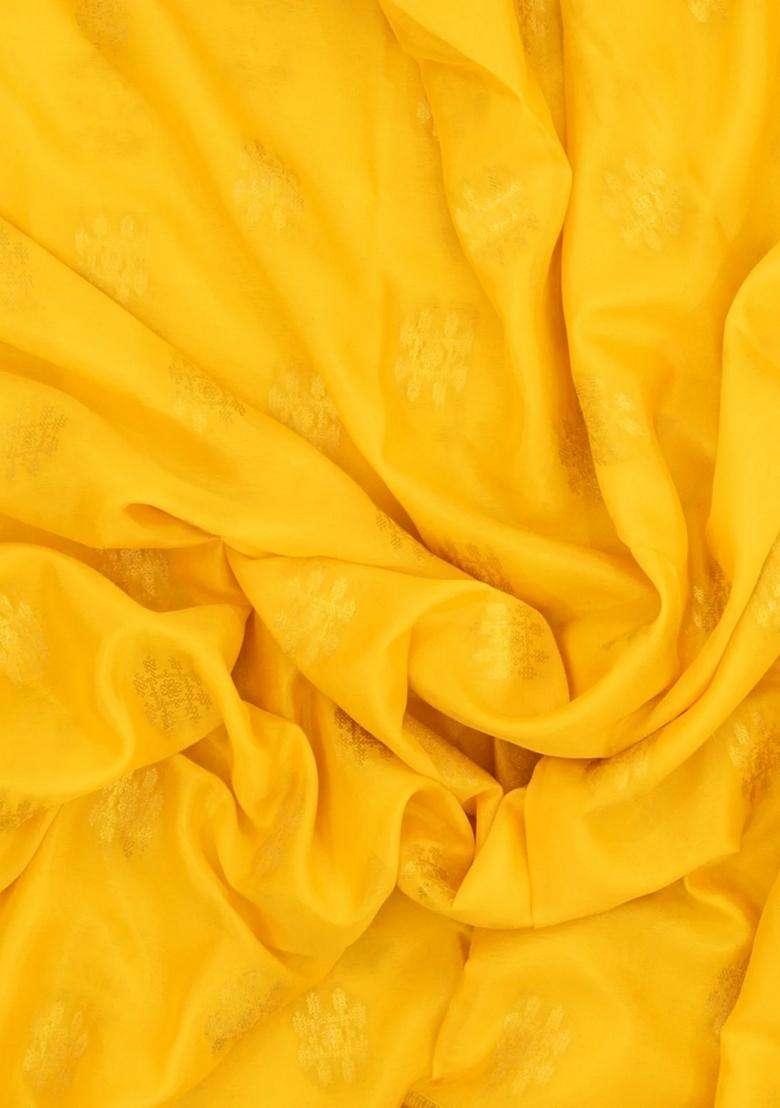 Yellow Woven Mysore Silk Crepe Saree With Buttas Contrast Border With Buttas And Brocade Design For Women - Indya