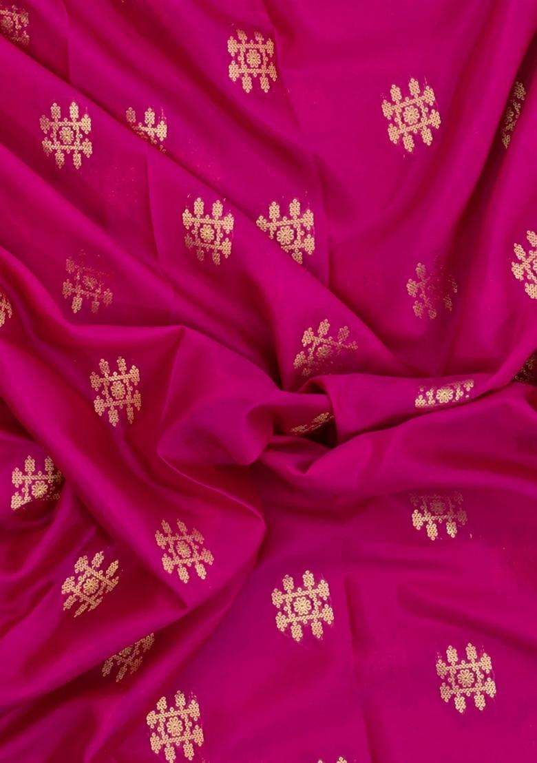 Pink Woven Mysore Silk Crepe Saree With Buttas Contrast Border With Buttas And Brocade Design For Women - Indya