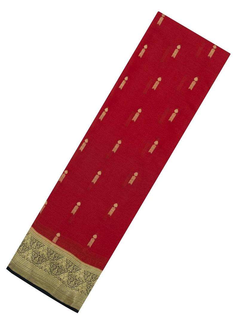 Red Woven Mysore Silk Crepe Saree With Buttas Contrast Border With Buttas And Brocade Design For Women - Indya