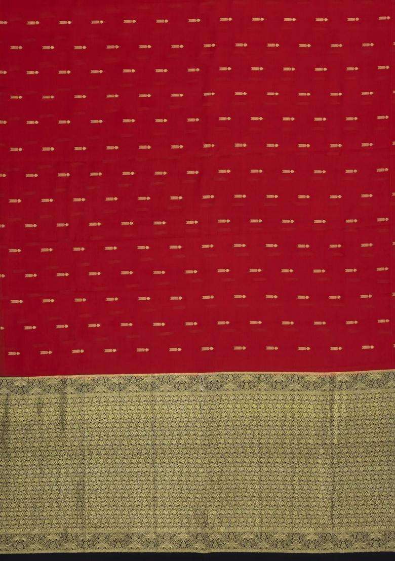 Red Woven Mysore Silk Crepe Saree With Buttas Contrast Border With Buttas And Brocade Design For Women - Indya