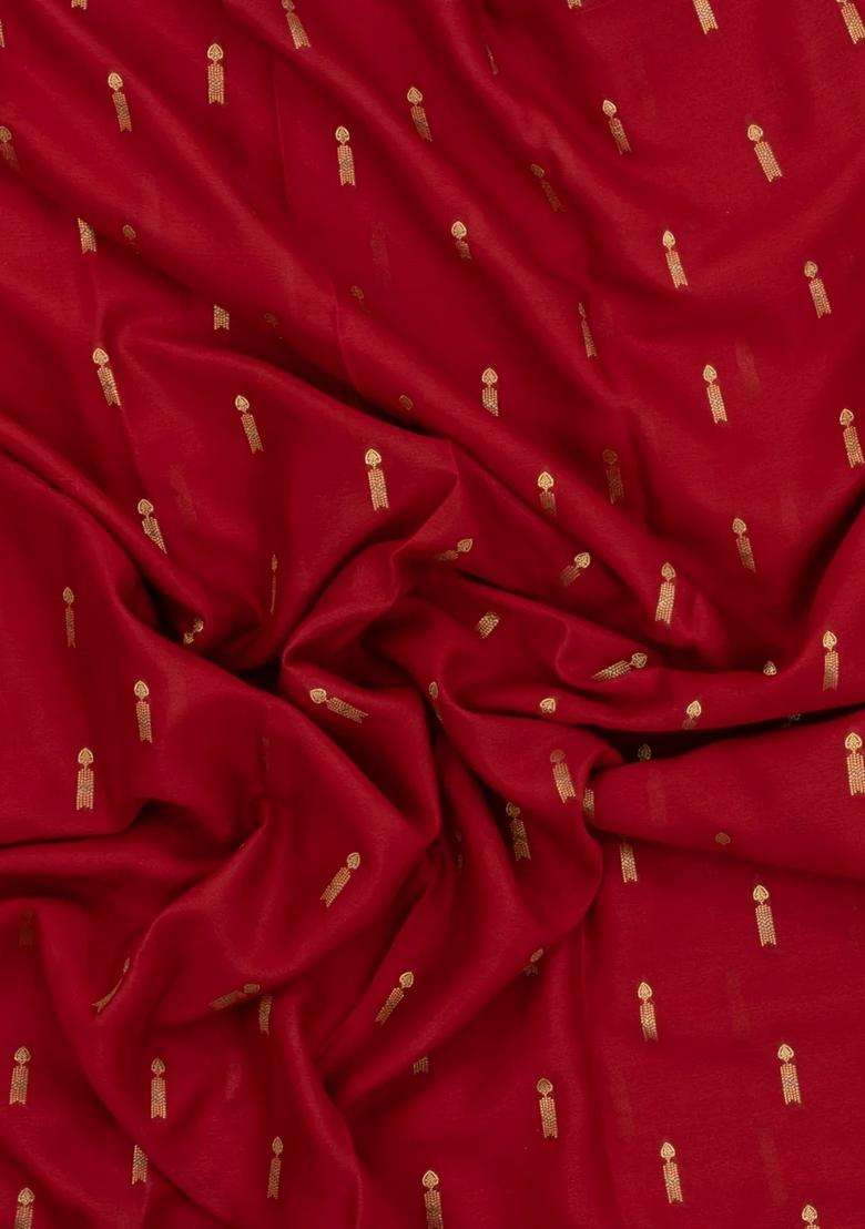 Red Woven Mysore Silk Crepe Saree With Buttas Contrast Border With Buttas And Brocade Design For Women - Indya