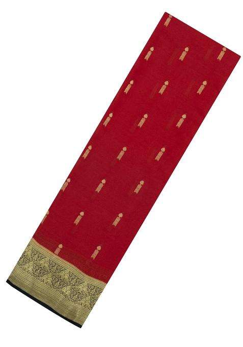 Red Woven Mysore Silk Crepe Saree With Buttas Contrast Border With Buttas And Brocade Design For Women
