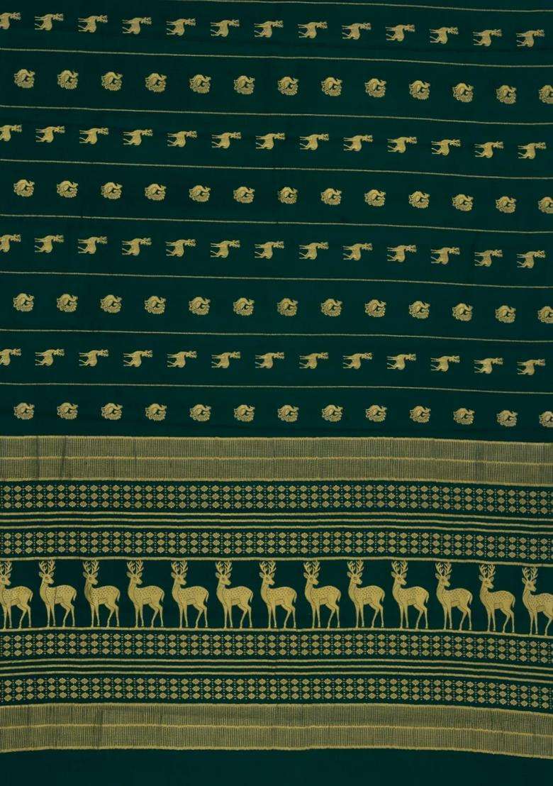 Bottle Green Woven Mysore Silk Crepe Saree With Buttas Zari Border With Buttas And Brocade Design For Women - Indya