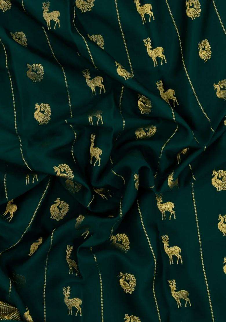 Bottle Green Woven Mysore Silk Crepe Saree With Buttas Zari Border With Buttas And Brocade Design For Women - Indya