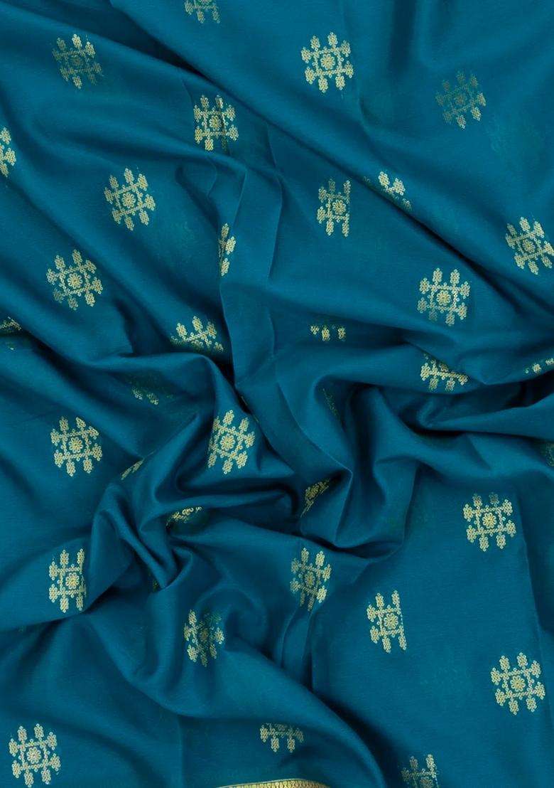 Cyan Woven Mysore Silk Crepe Saree With Buttas Contrast Border With Buttas And Brocade Design For Women - Indya