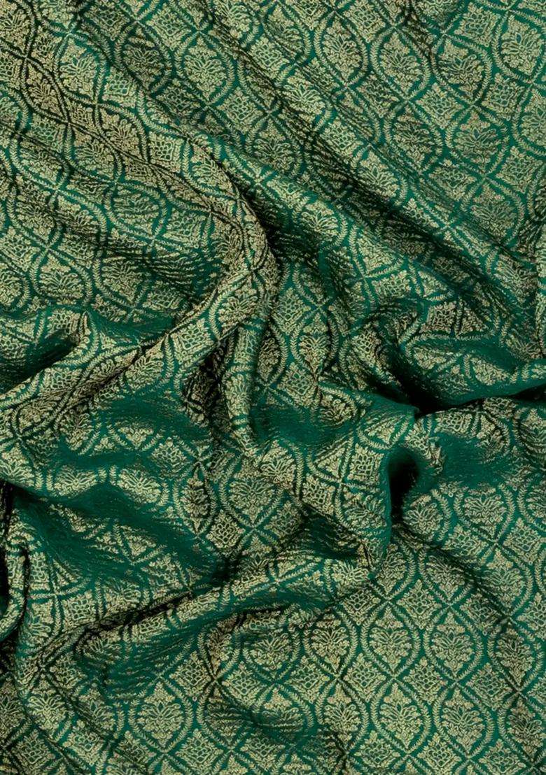 Green Woven Mysore Silk Crepe Saree With Chevron Stripes With Buttas And Brocade Design For Women - Indya