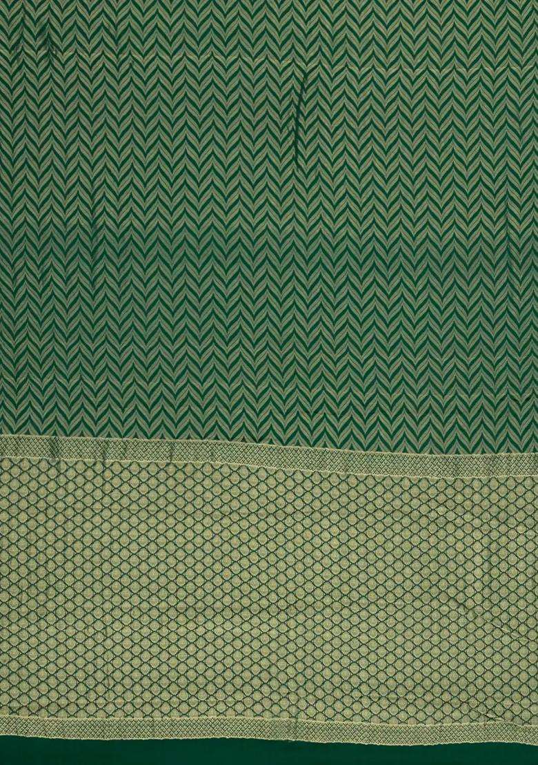 Dark Green Woven Mysore Silk Crepe Saree With Chevron Stripes With Buttas And Brocade Design For Women - Indya