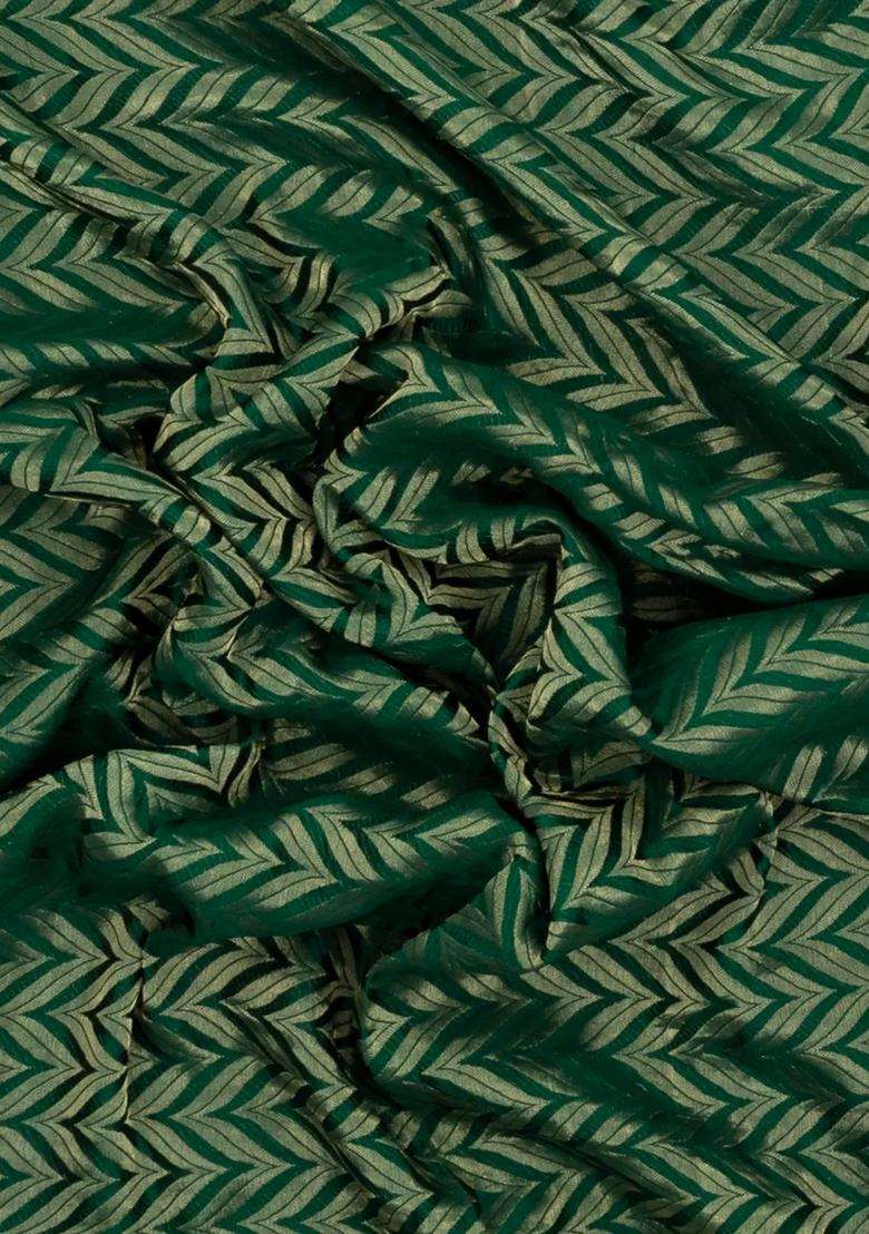 Dark Green Woven Mysore Silk Crepe Saree With Chevron Stripes With Buttas And Brocade Design For Women - Indya