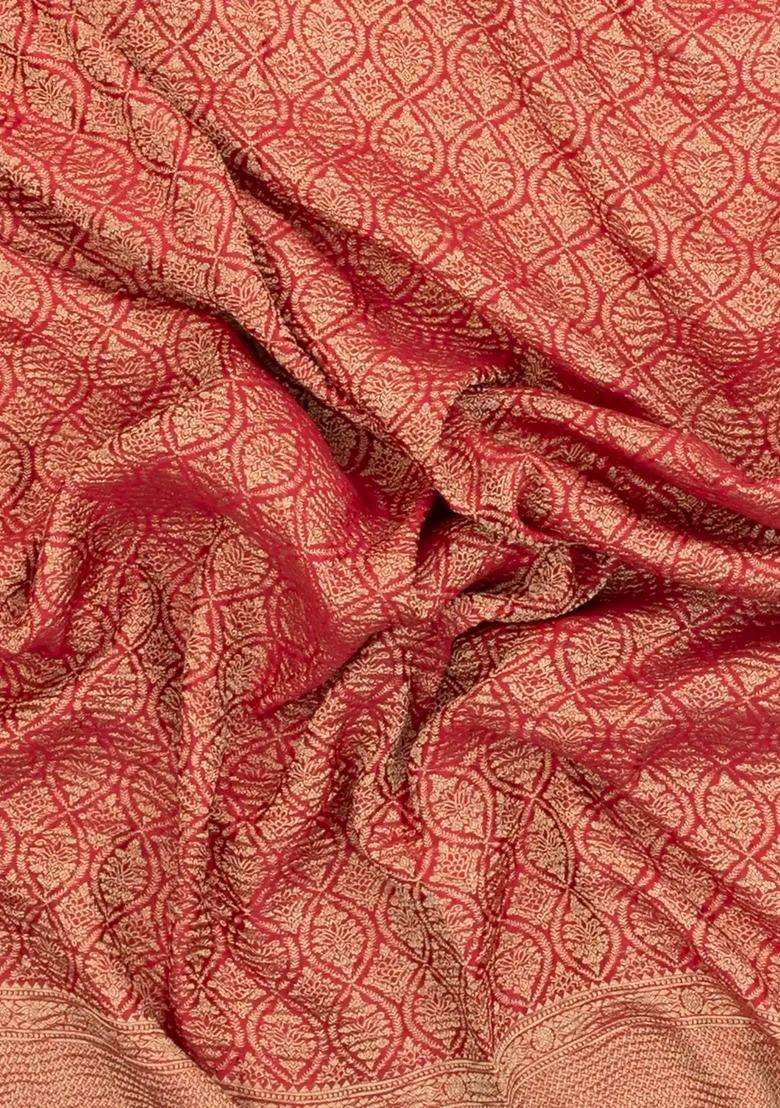Red Woven Mysore Silk Crepe Saree With Floral Motifs With Buttas And Brocade Design For Women - Indya