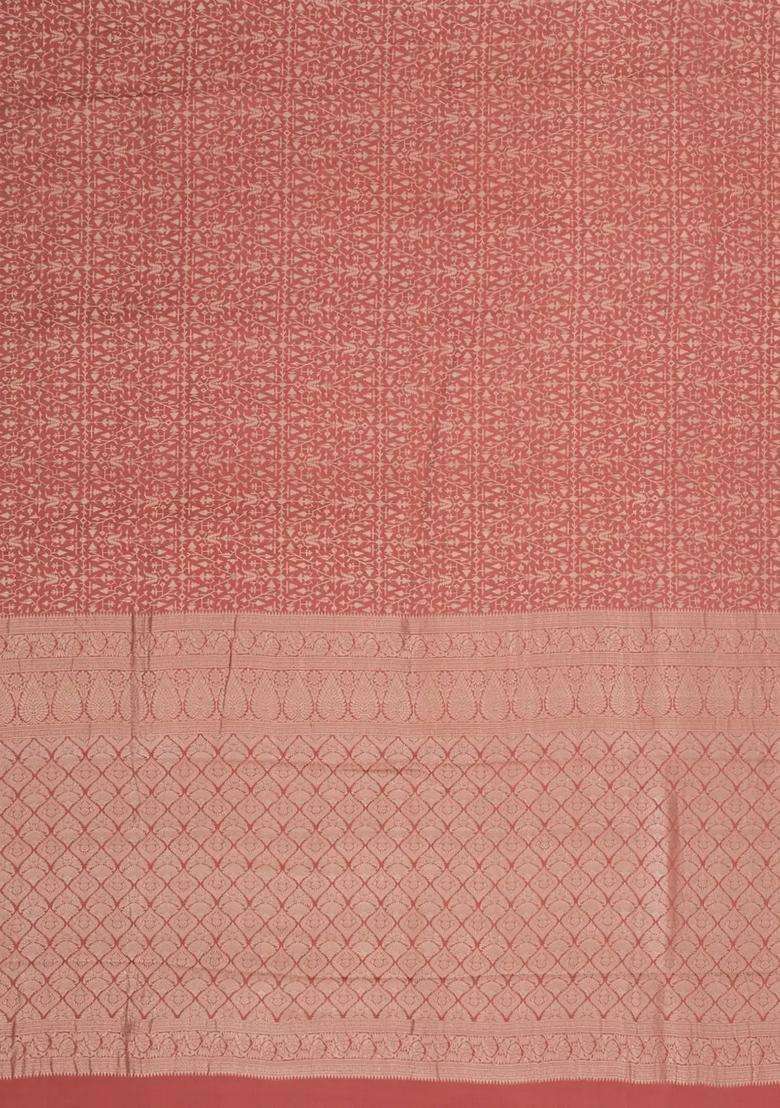 Dusty Peach Woven Mysore Silk Crepe Saree With Floral Motifs With Buttas And Brocade Design For Women - Indya