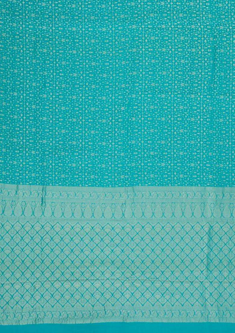 Turquoise Woven Mysore Silk Crepe Saree With Floral Motifs With Buttas And Brocade Design For Women - Indya