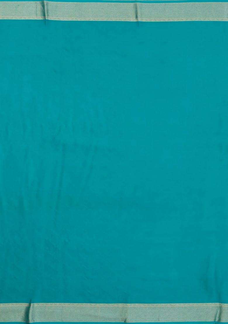 Turquoise Woven Mysore Silk Crepe Saree With Floral Motifs With Buttas And Brocade Design For Women - Indya
