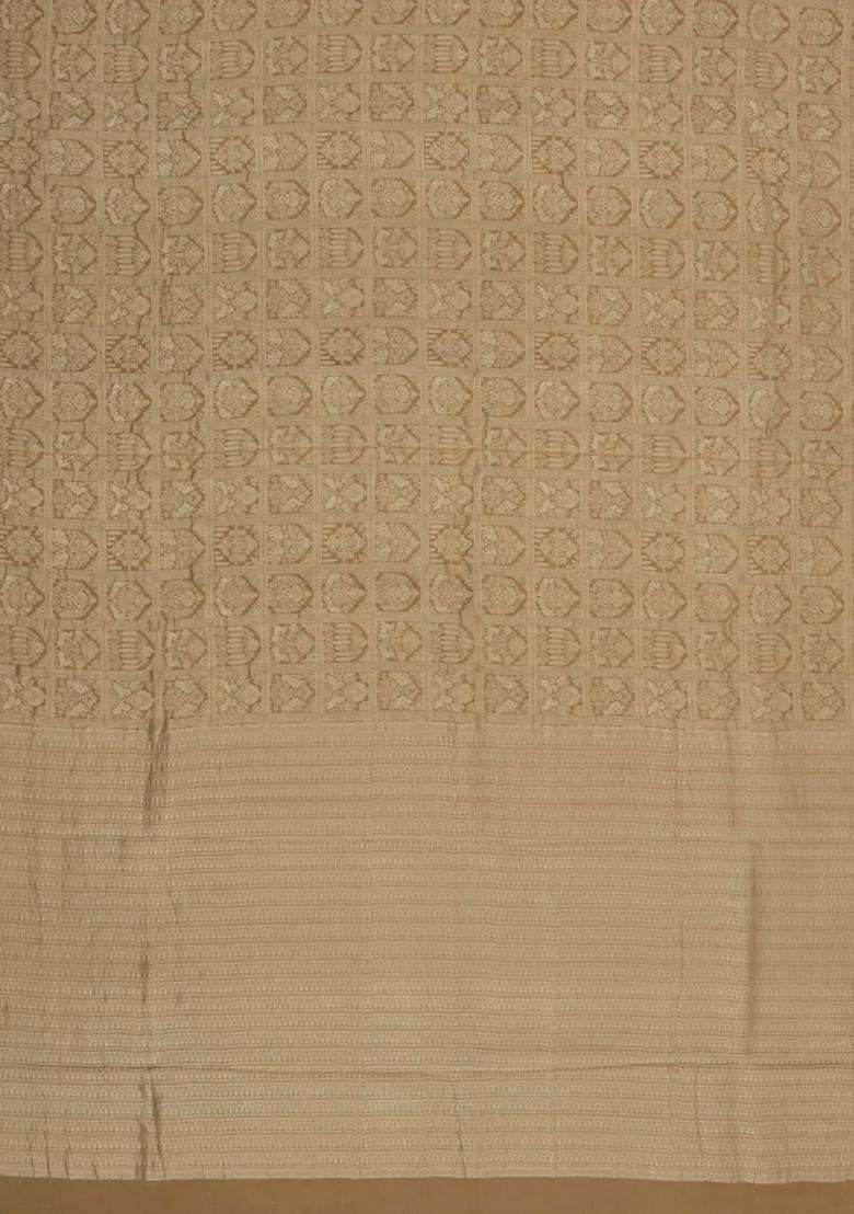 Taupe Woven Mysore Silk Crepe Saree With Yazhi Motifs With Buttas And Brocade Design For Women - Indya