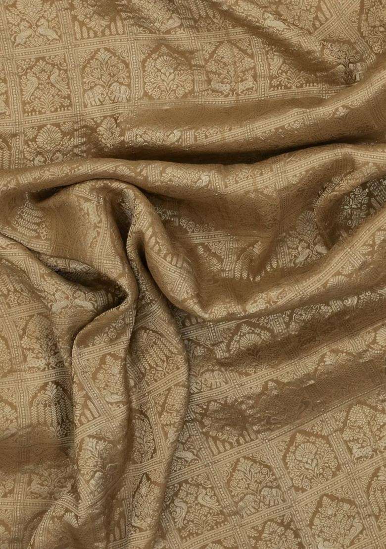 Taupe Woven Mysore Silk Crepe Saree With Yazhi Motifs With Buttas And Brocade Design For Women - Indya