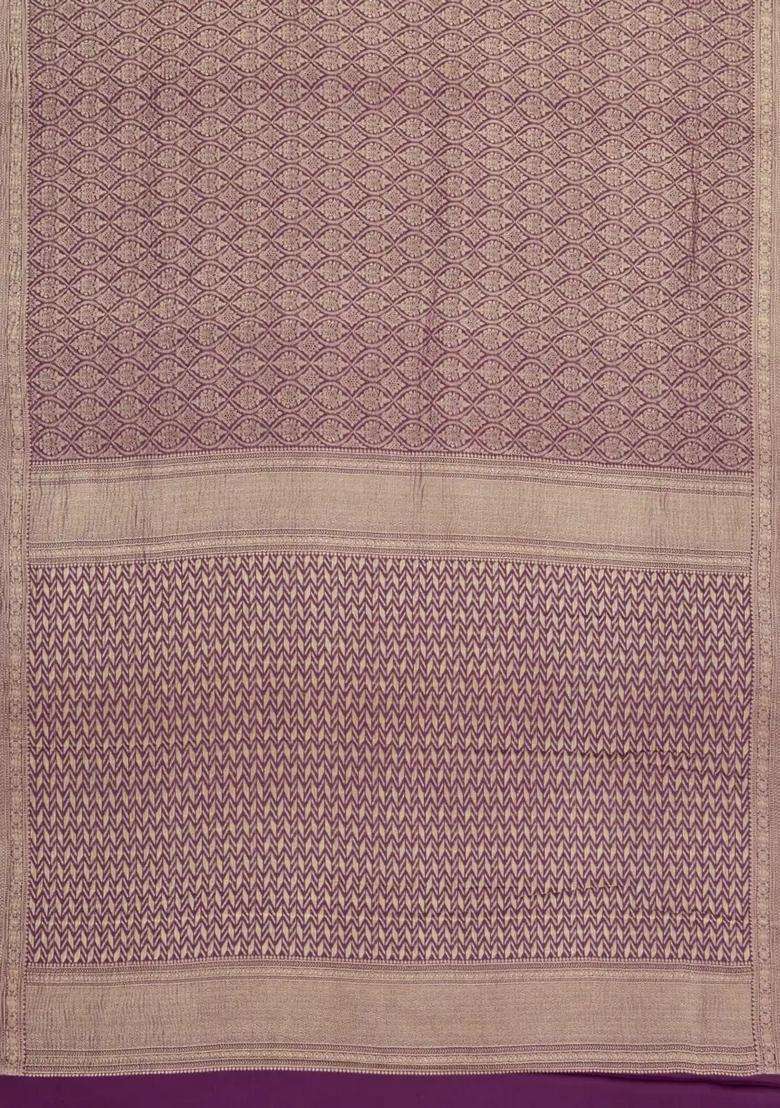 Dark Purple Woven Mysore Silk Crepe Saree With Floral Motifs With Buttas And Brocade Design For Women - Indya