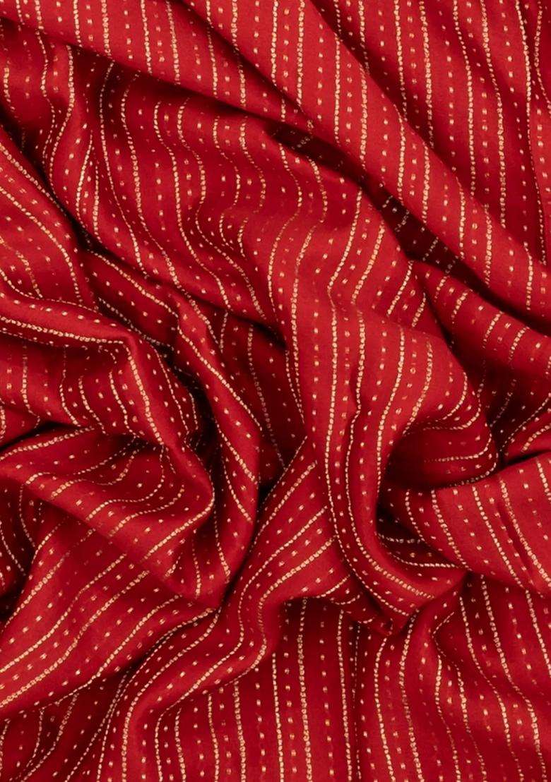 Red Woven Mysore Silk Crepe Saree With Floral Stripes With Checks And Stripes Design For Women - Indya