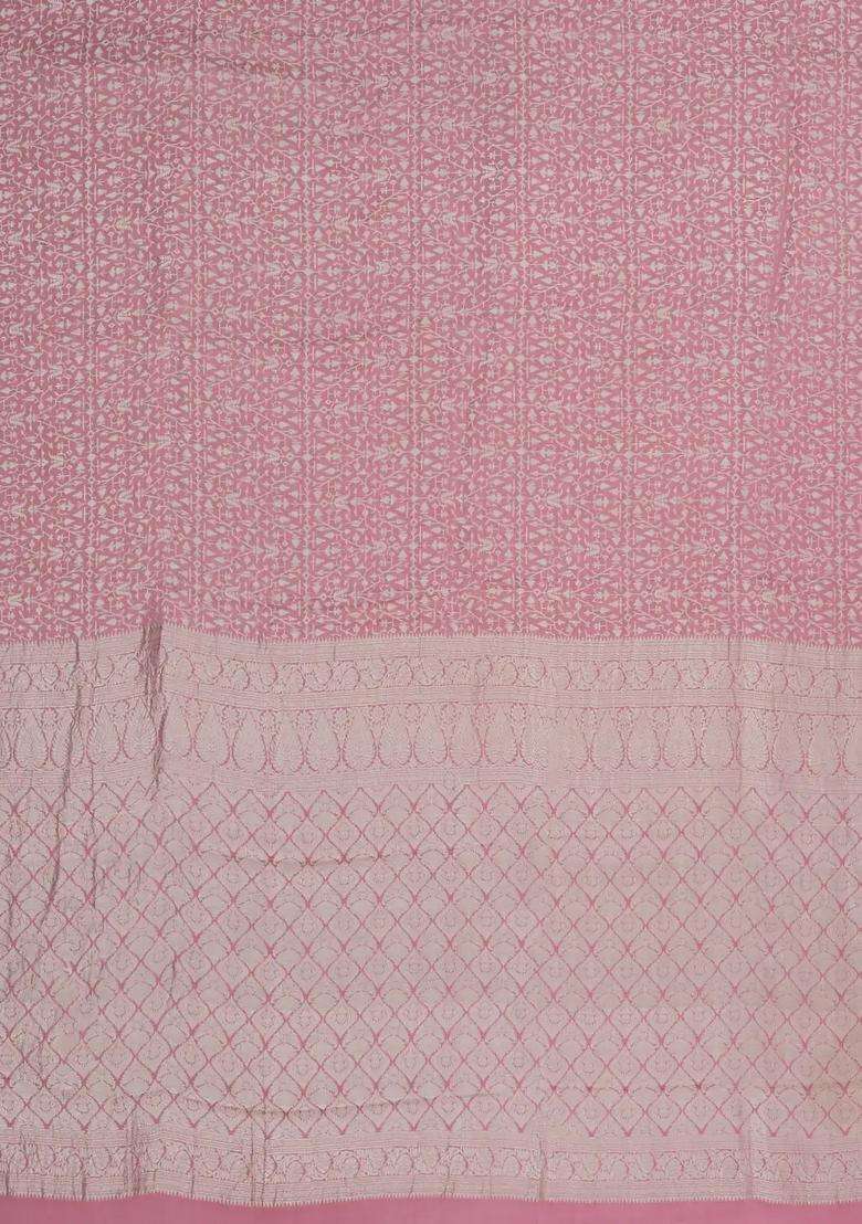 Dusty Pink Woven Mysore Silk Crepe Saree With Floral Motifs With Buttas And Brocade Design For Women - Indya