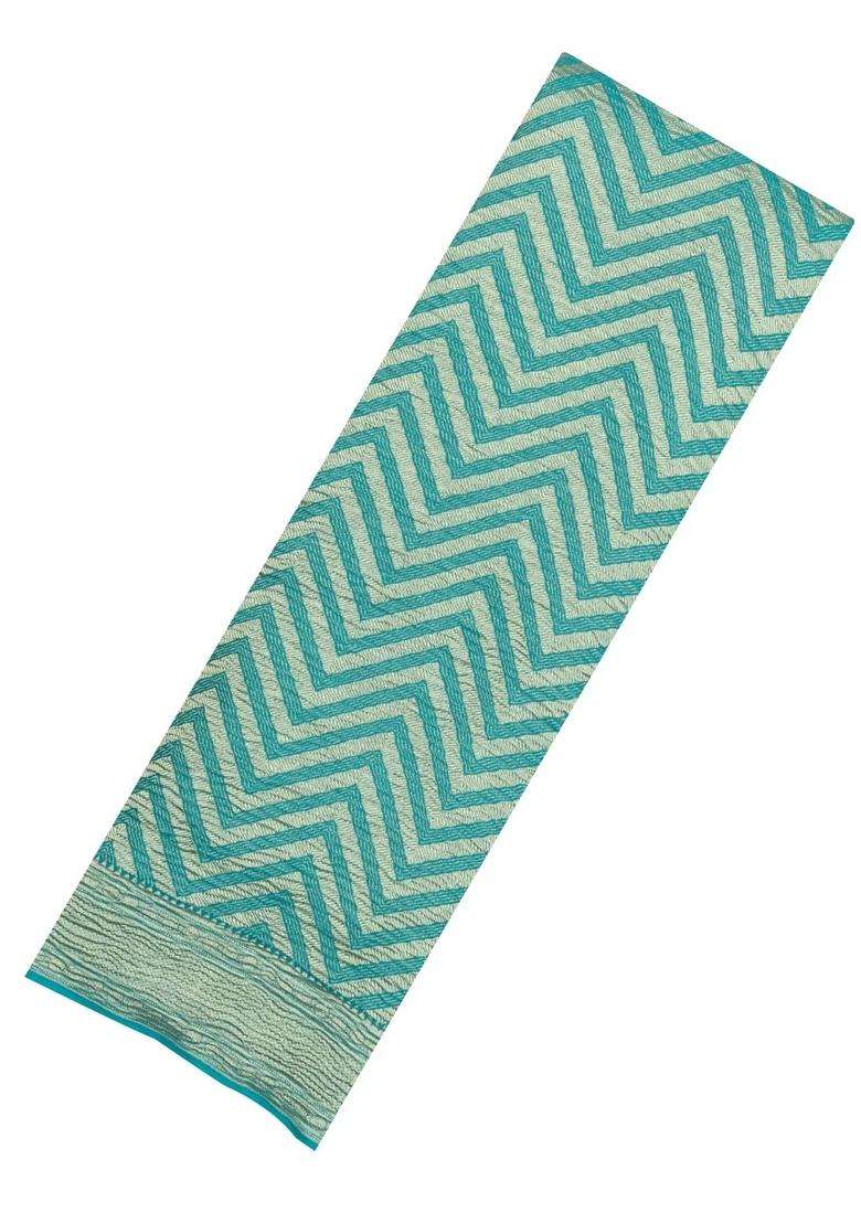 Turquoise Woven Mysore Silk Crepe Saree With Chevron Stripes With Checks And Stripes Design For Women - Indya